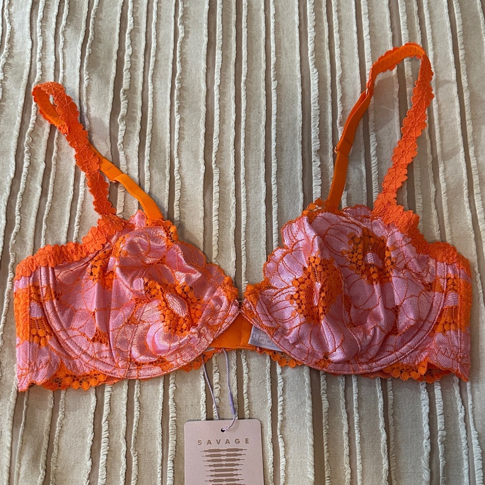 Salvage Vibrant Orange and Pink Floral Lace Bra